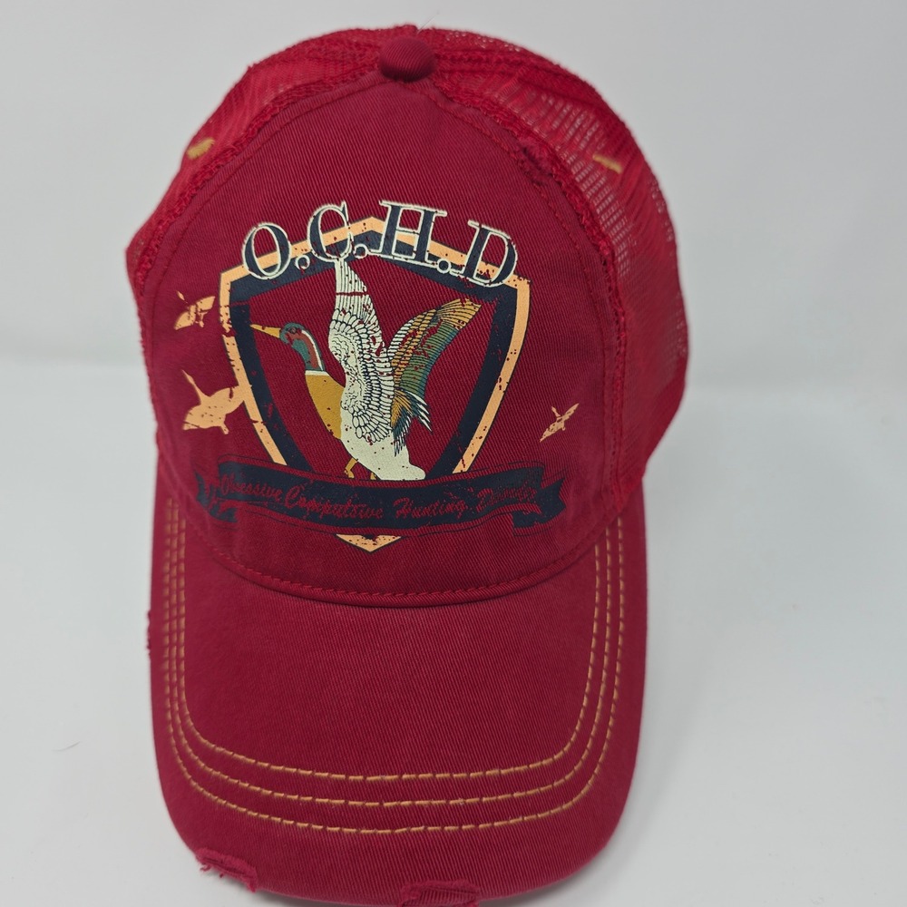 O.C.H.D. Trucker Hat OSFM Hunting OCHD Mallard Duck Red Distressed Mesh Cap